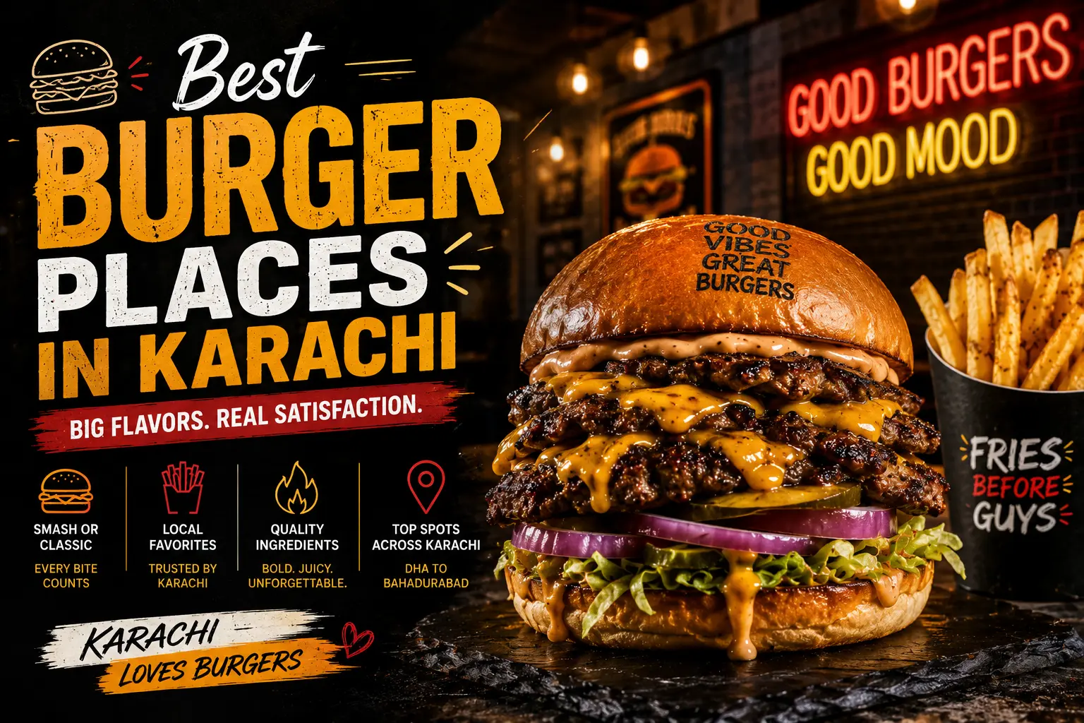 Best burger places in Karachi serving juicy smash burgers, gourmet beef burgers, and crispy fries in a modern restaurant.